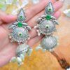 Shadi Style Silver Plated Brass Handmade Green Moti Jhumkas