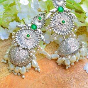 Shadi Style Silver Plated Brass Handmade Green Moti Jhumkas